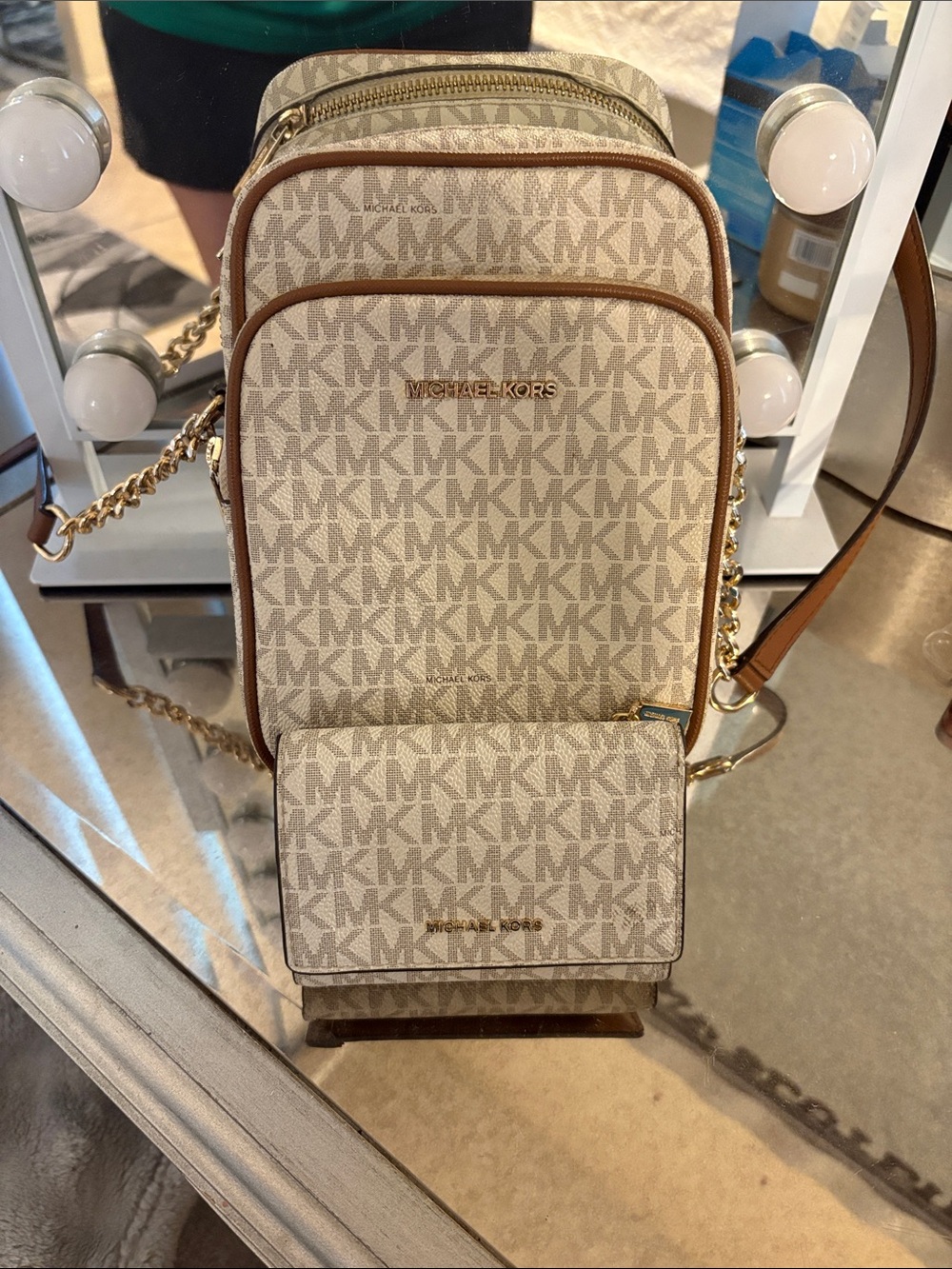 Michael Kors Cream Tan MK Monogram Crossbody with Gold Chain